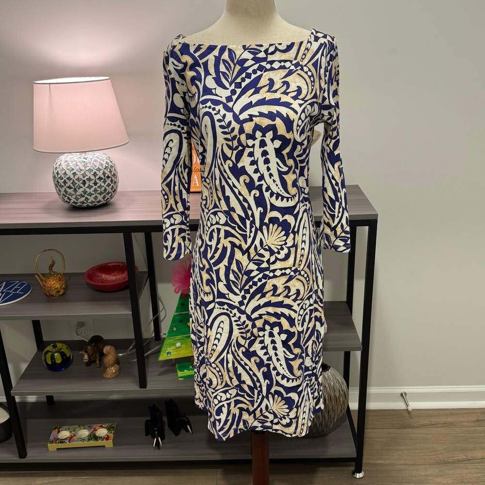 J.McLaughlin Blue & Cream Scroll Print Long Sleeve Dress | Size S
